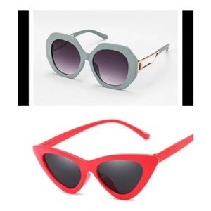 Retro Oversized Blue Gray Sunglasses & Red Cateye Sunglasses 2 pair